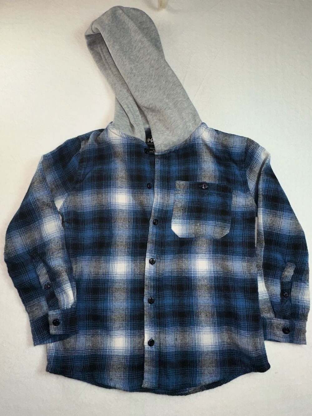 Tony Hawk Boys Blue and Black Plaid Hooded Flannel Shirt Size L(7)